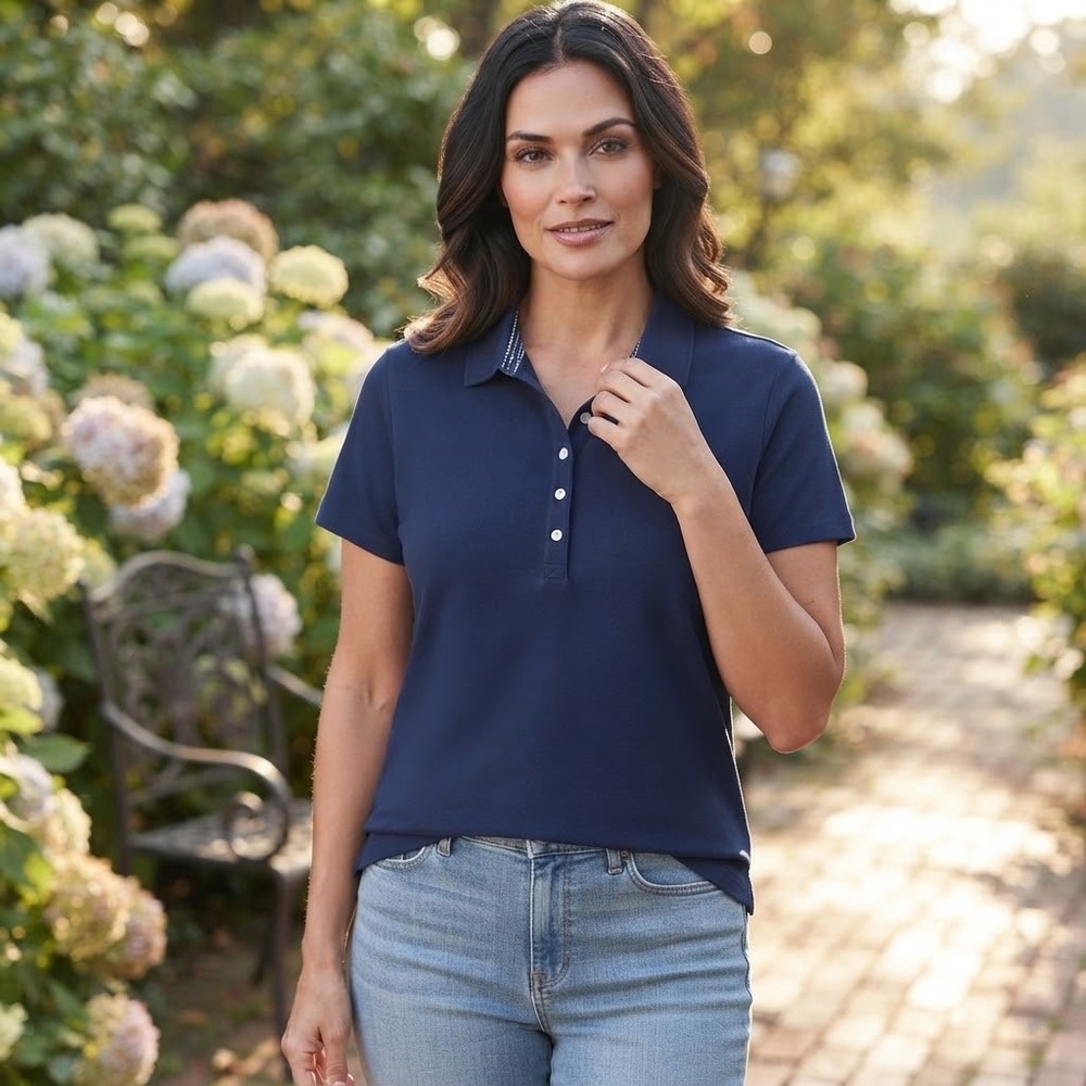 St. John's Bay Polo Shirt Womens 2X Navy Blue Short Sleeve Classic Pique Top